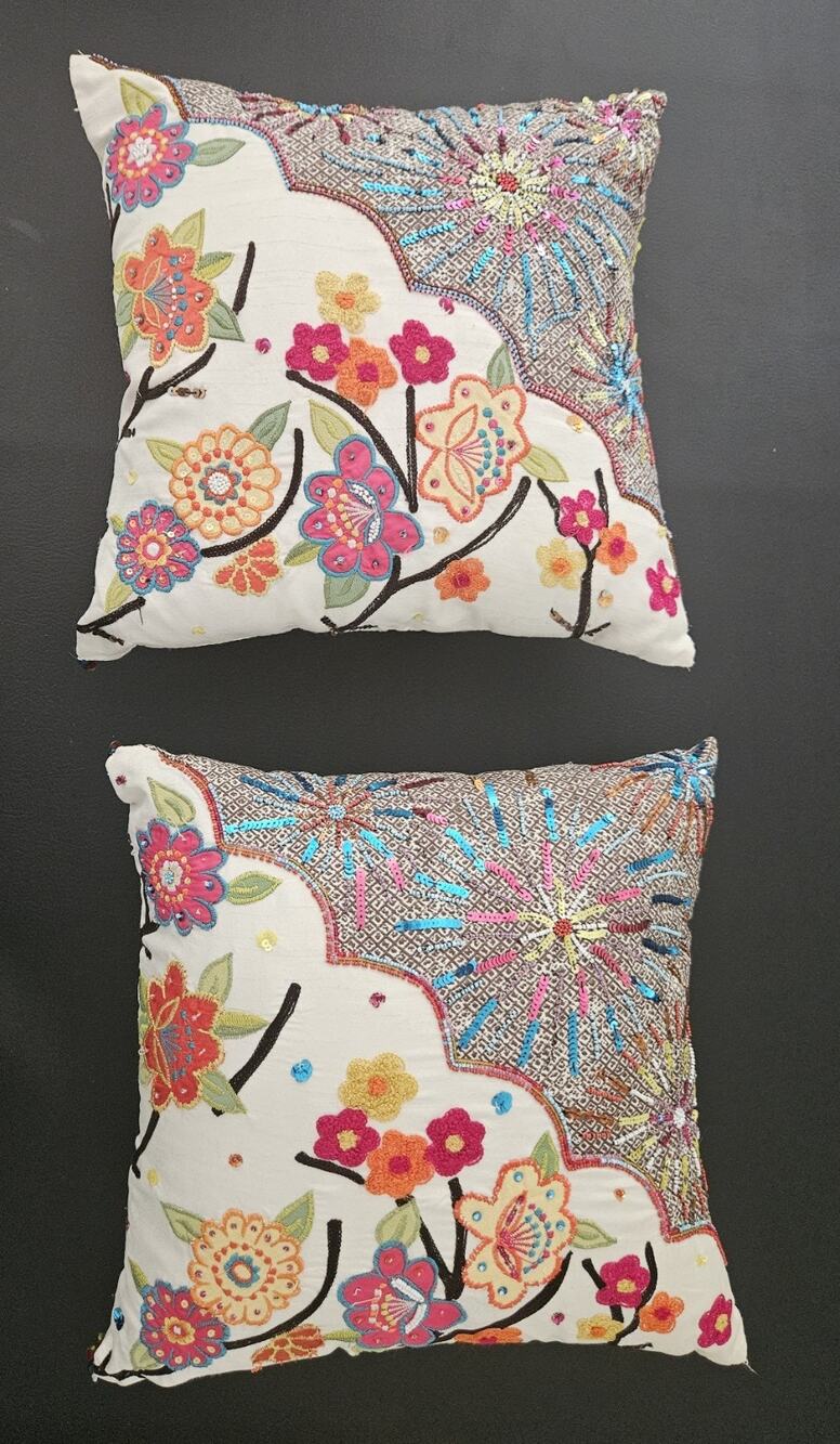 Vintage Pier 1 Pair Embroidered Floral Sequined Accent Throw Pillows 14x15"